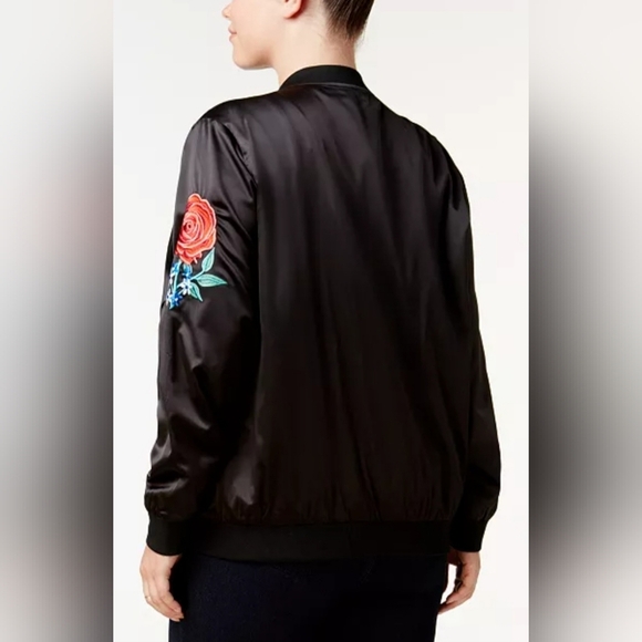 Say What? Black Bomber Jacket with Red Floral Embroidery Womens Size Small - Picture 2 of 12